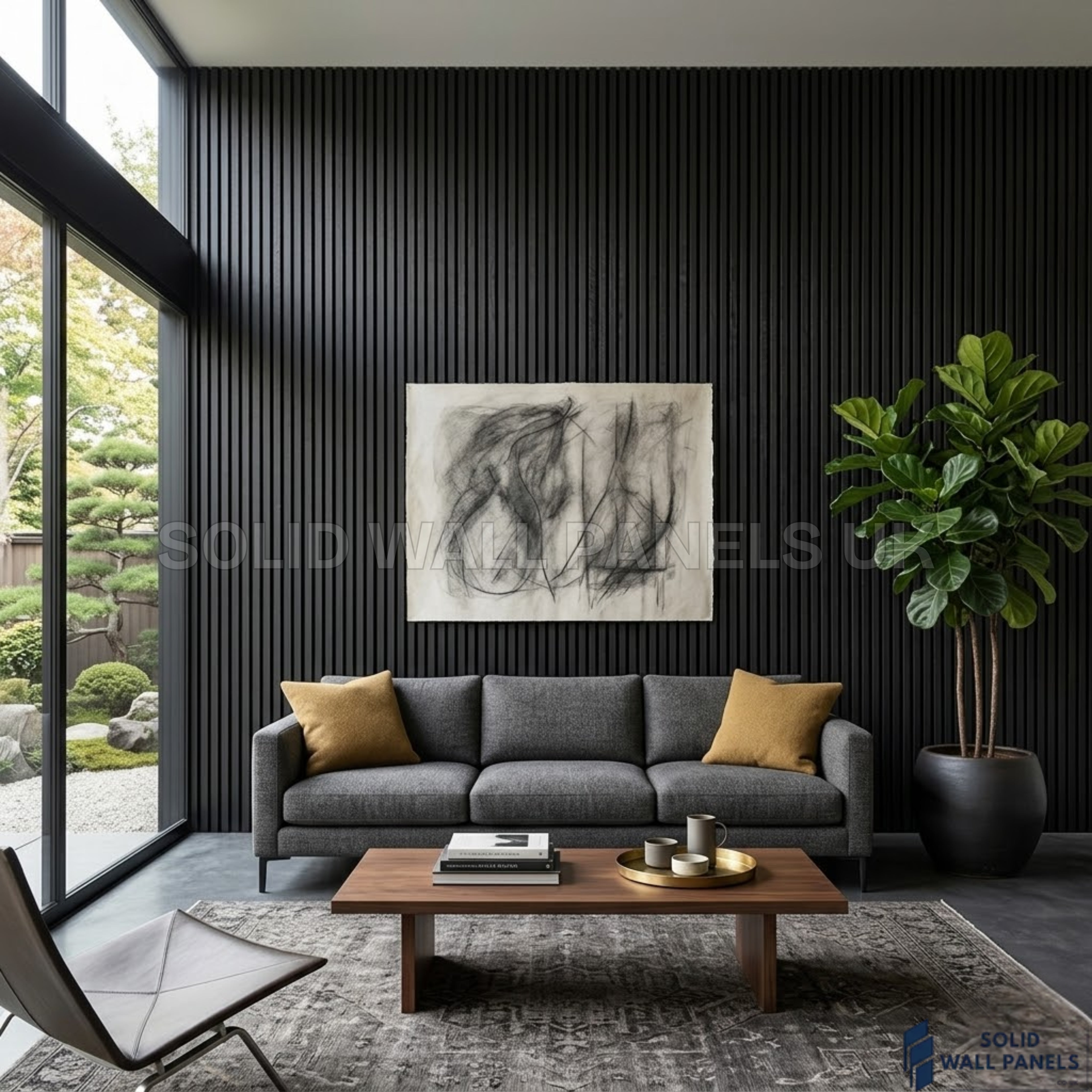 Acoustic Slatted Wall Panels Black 240×60cm UK | Wooden Slatted Felt Back