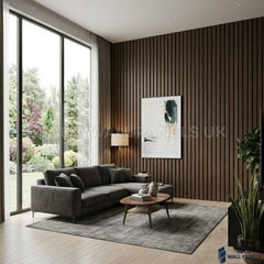 Acoustic Slatted Wall Panels Walnut (Dark Oak) 280×60cm UK | Large Wood Wall Panels