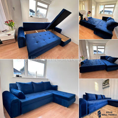 Berlin Blue Corner Sofa Bed with Storage – Universal L Shape Sofa Bed UK