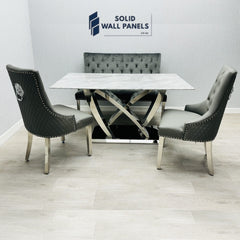 California Grey Marble Dining Table | Chrome/Silver Frame | Solid Wall Panels