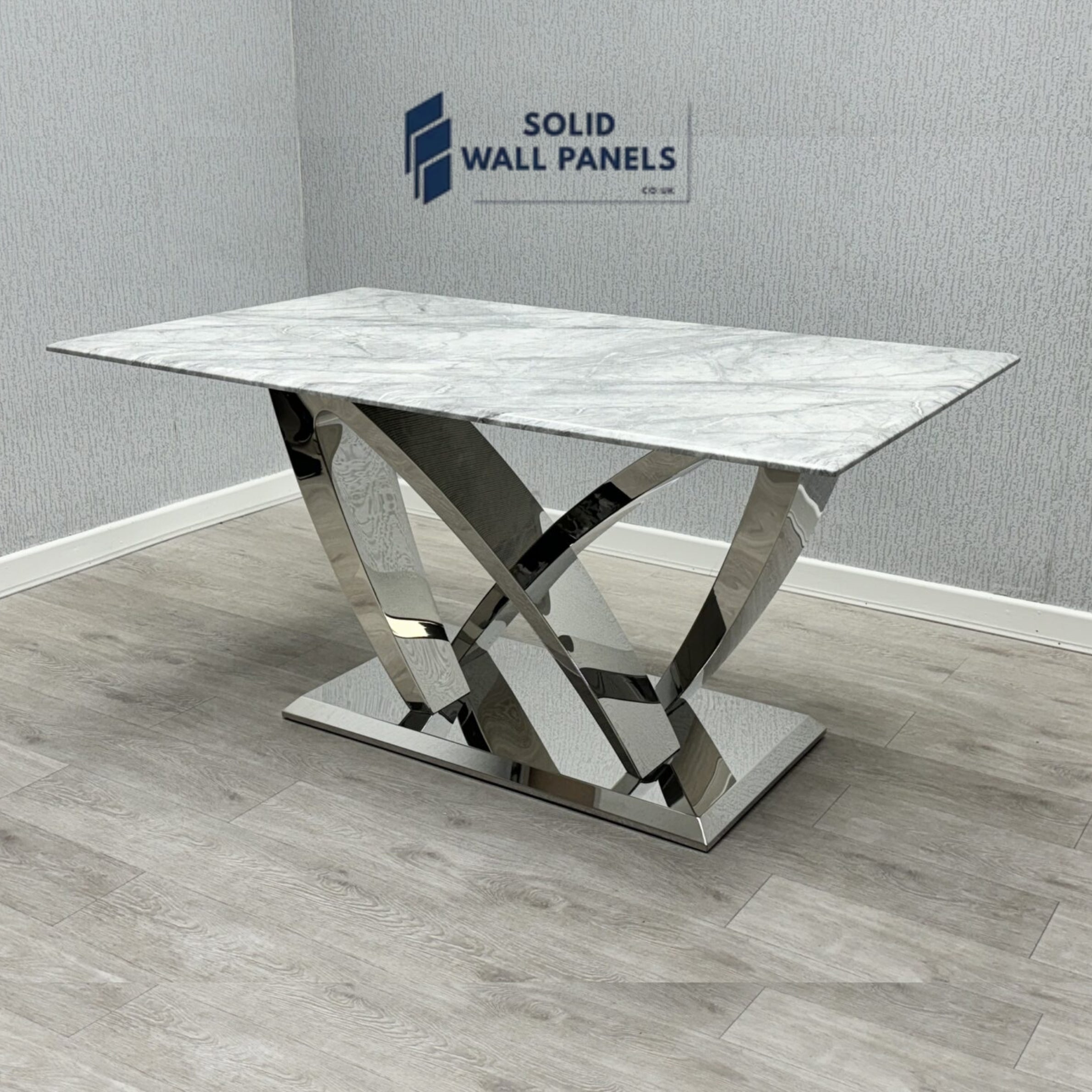 California Grey Marble Dining Table | Chrome/Silver Frame | Solid Wall Panels