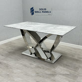 California Grey Marble Dining Table | Chrome/Silver Frame | Solid Wall Panels