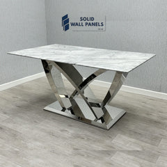 California Grey Marble Dining Table | Chrome/Silver Frame | Solid Wall Panels