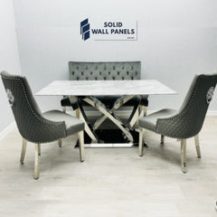 California Grey Marble Dining Table | Chrome/Silver Frame | Solid Wall Panels