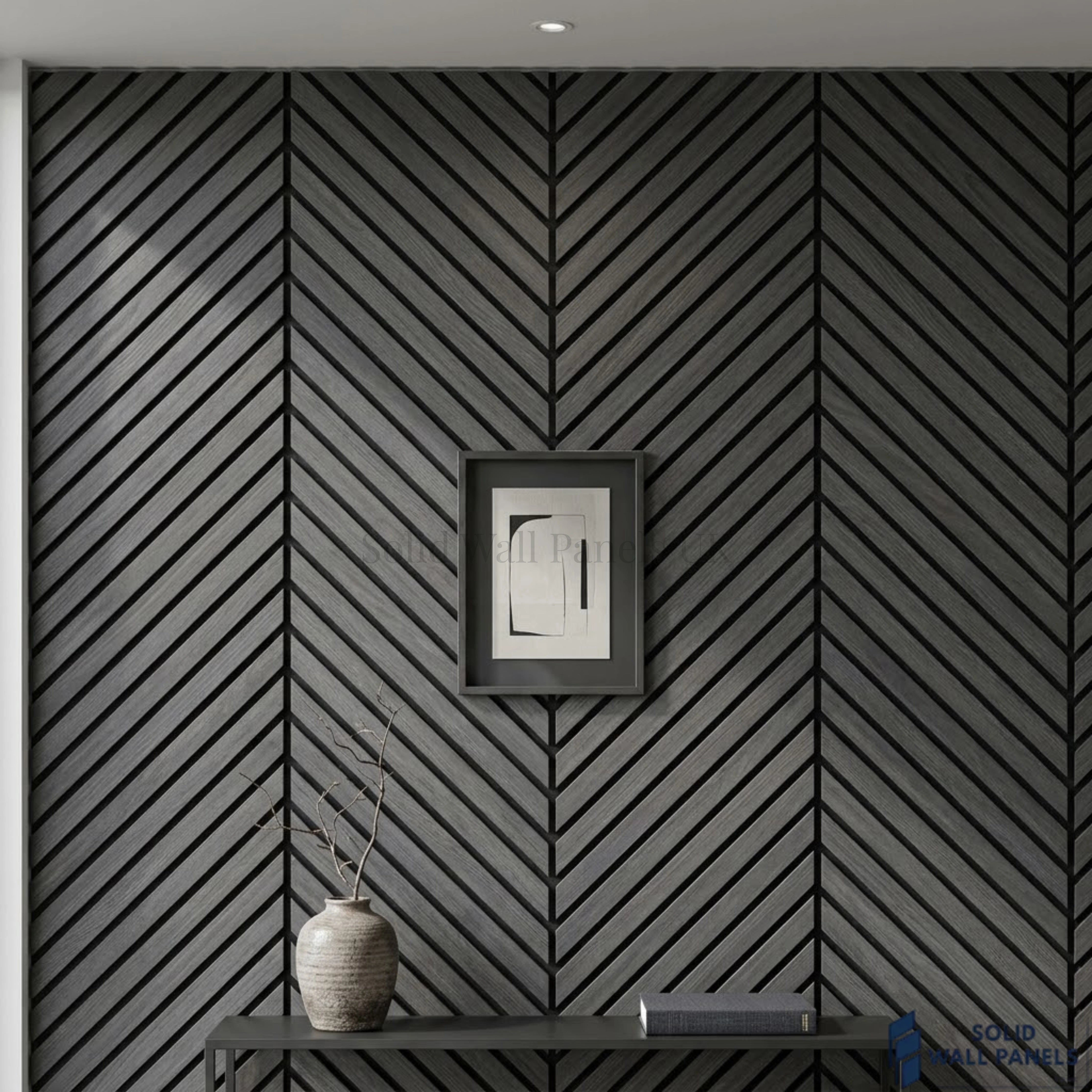 Chevron Dark Grey Acoustic Slat Wall Panel – Herringbone Style | 240 × 60 cm
