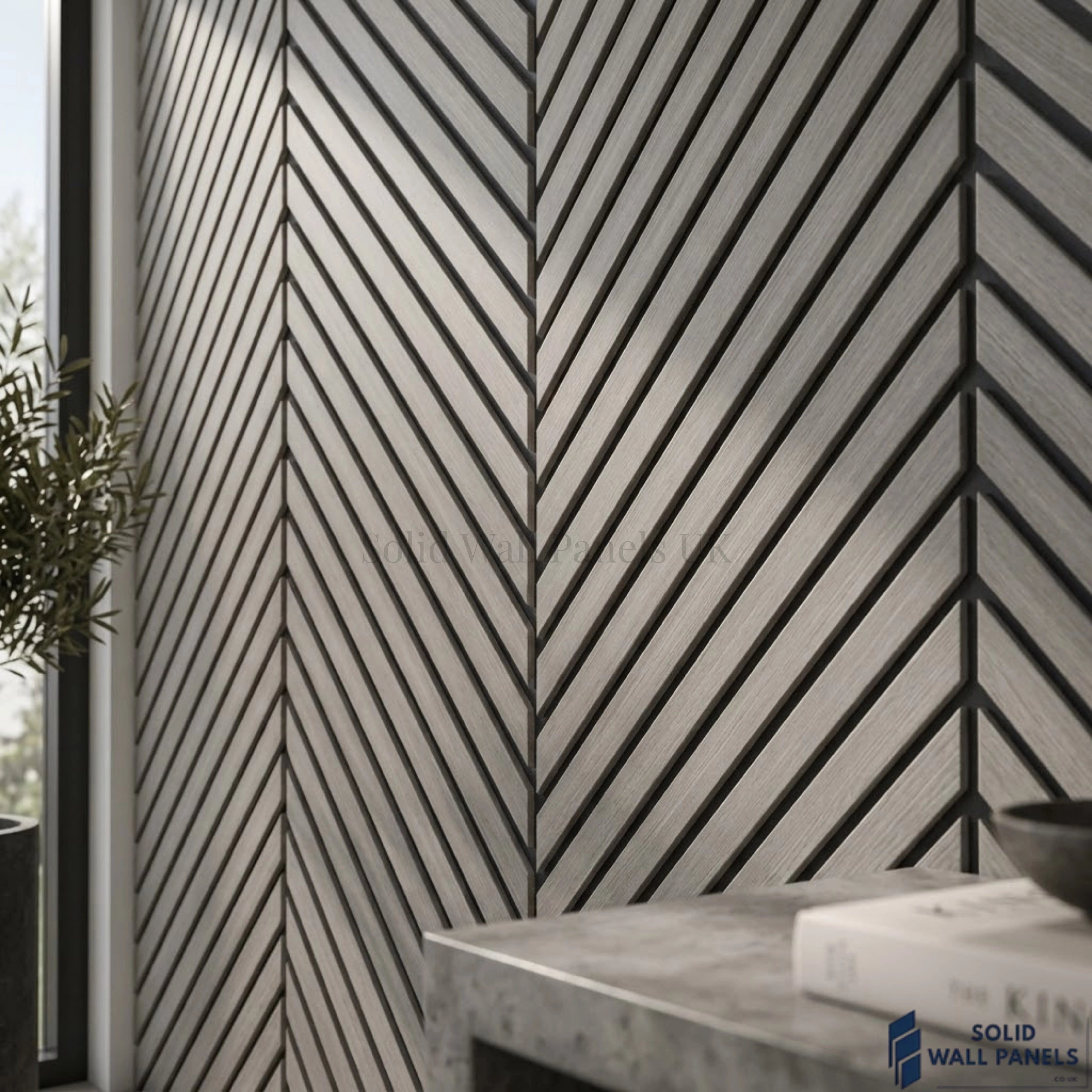 Chevron Light Grey Acoustic Slat Wall Panel – Herringbone Style | 240 × 60 cm