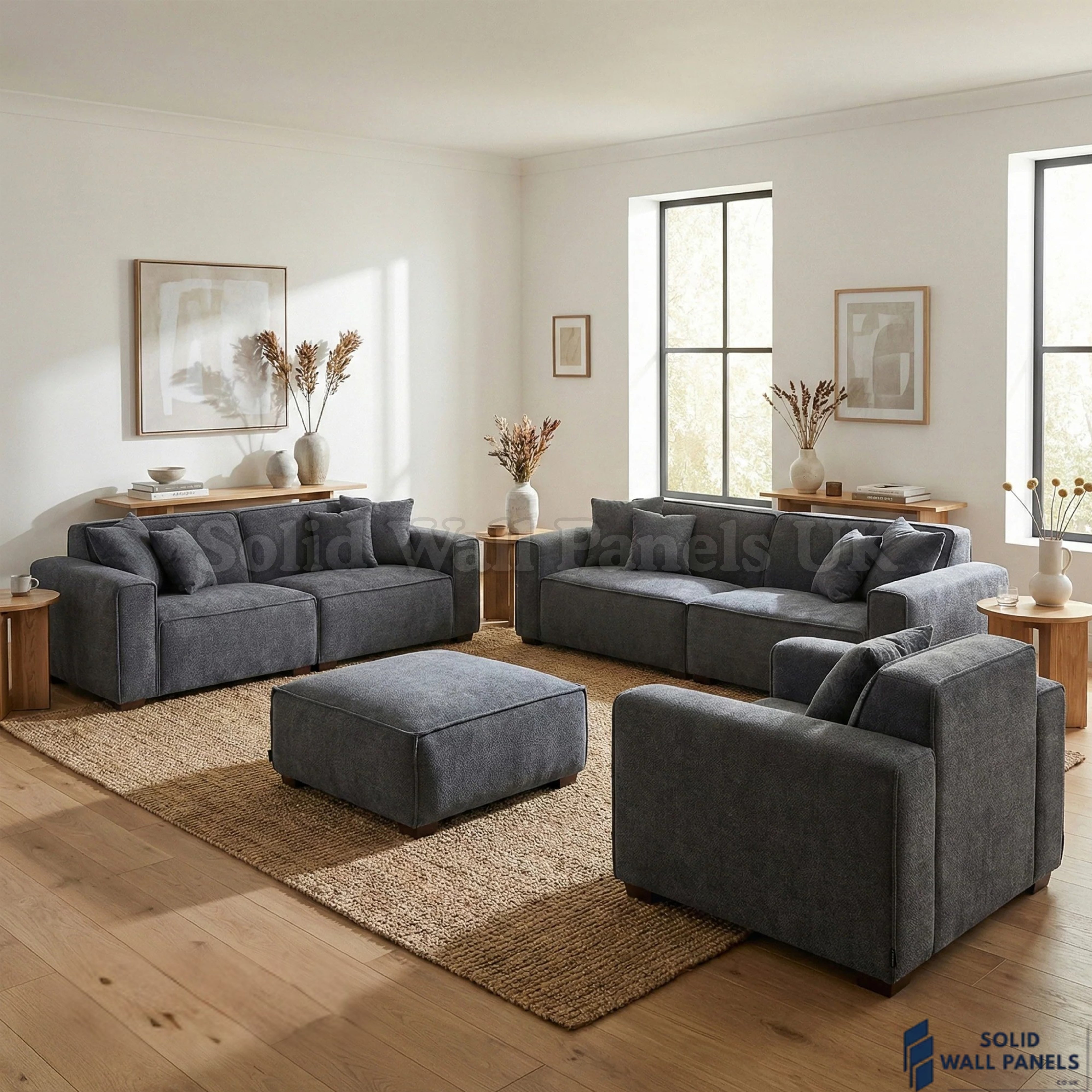 Dakota Sofa Range – Charcoal Grey Bouclé Fabric | 4 Seater, 3 Seater, Armchair & Footstool Options