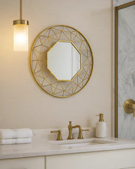Decorative Round Gold Wall Mirror with Geometric Frame - 80 x 80 cm