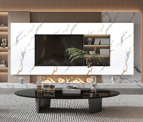 Luxury White Marble Media Wall Panels with Gold Veins – 60 x 240 cm