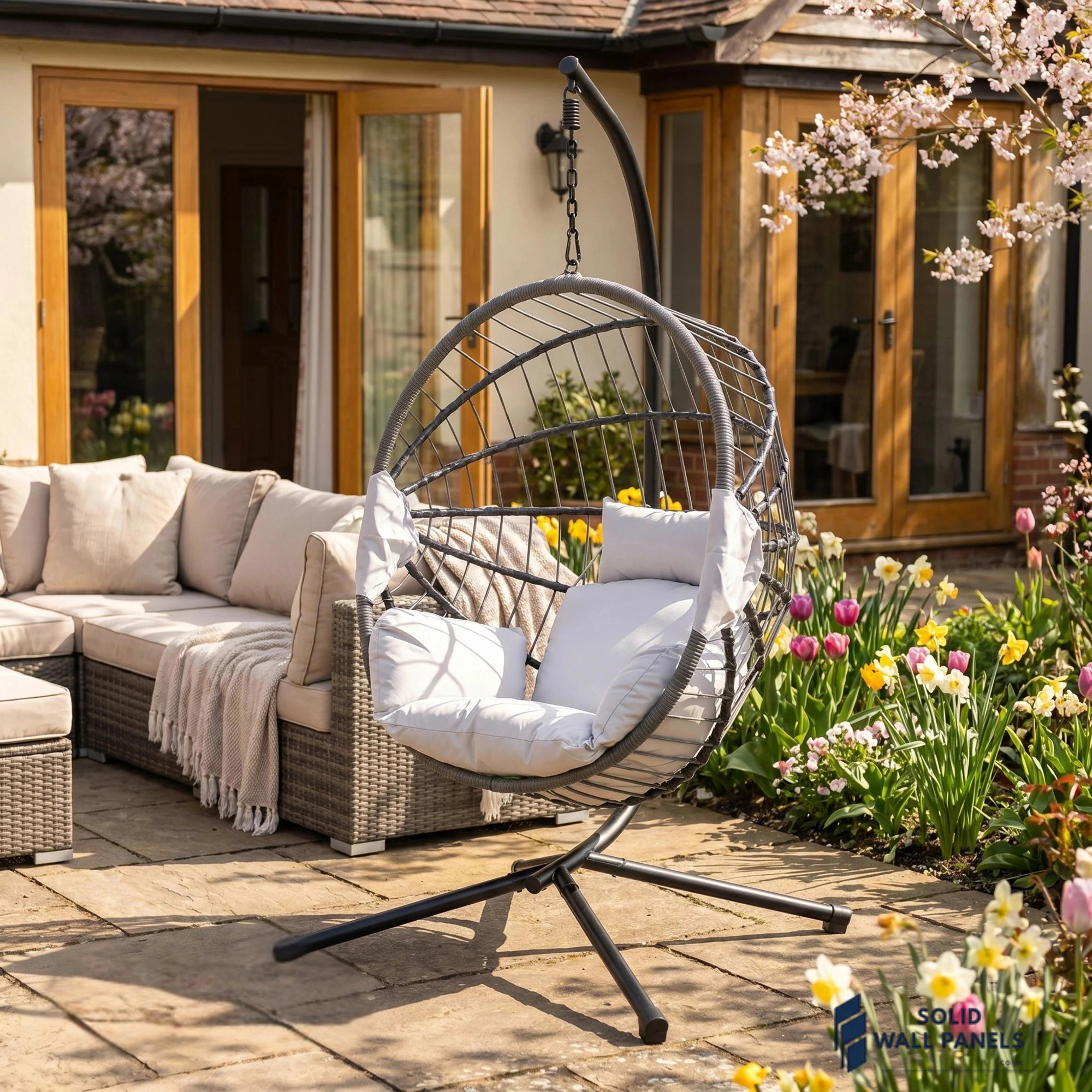 Hanging Egg Chair with Foldable Design & Luxury Cushions – Light Grey PE Rattan