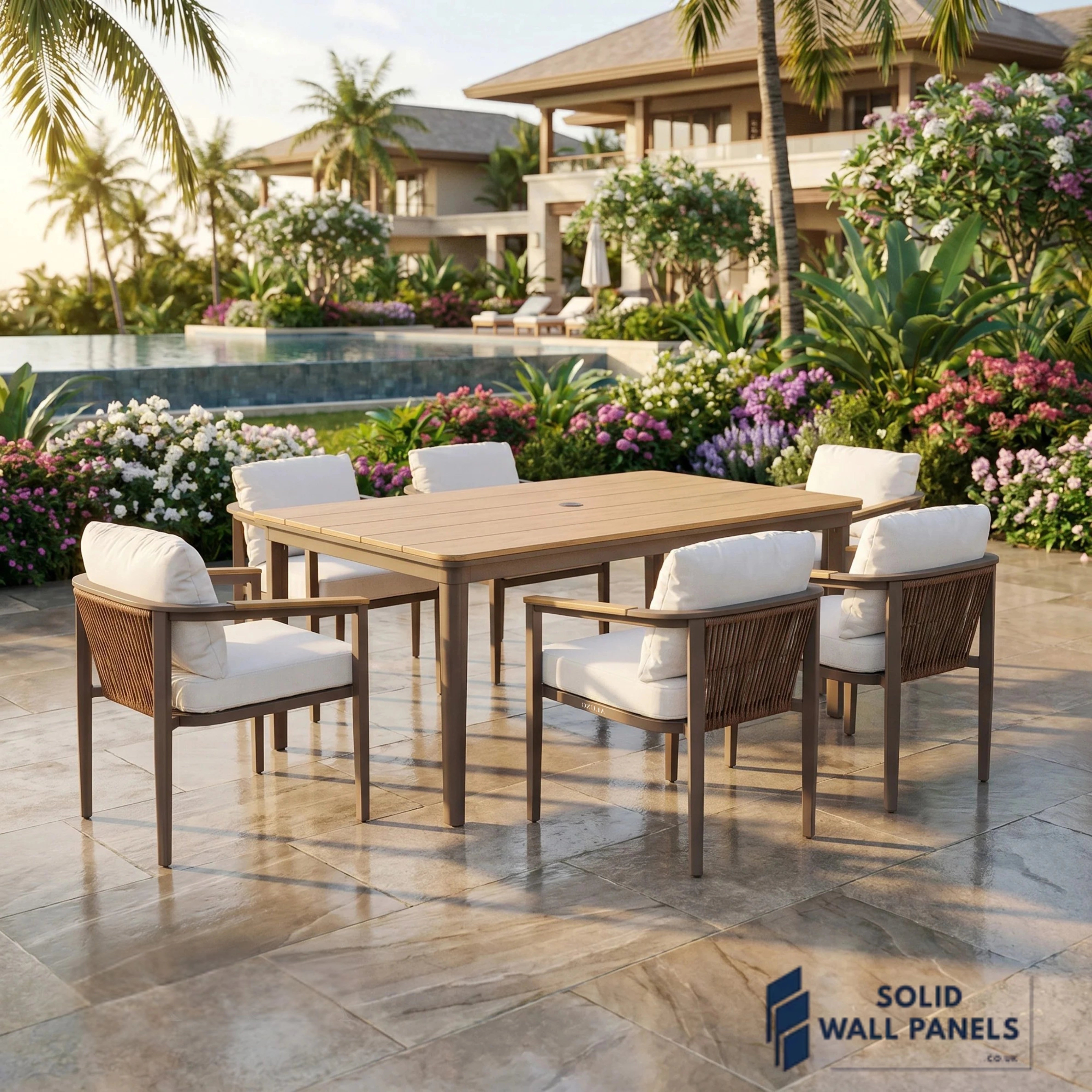 Hemera 6-Seater Luxury Dining Set – Truffle Aluminium Garden Dining Set with PS Wood Table
