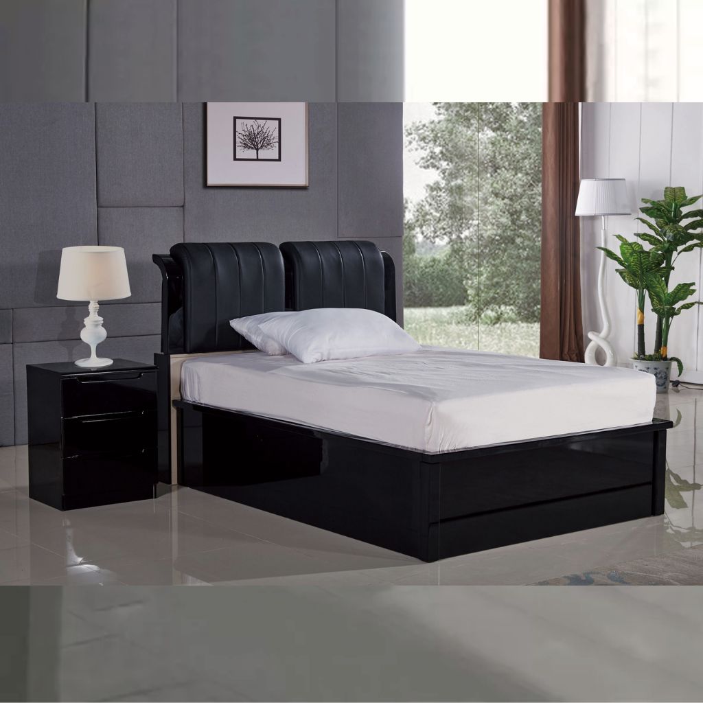 High Gloss Rugby Bed with Leather Headboard | Fast UK Delivery