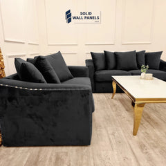 Lincoln Crushed Velvet 3 & 2 Seater Sofa With Scatter Back Cushions – Ebony Black