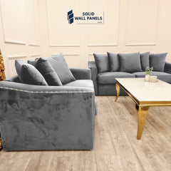 Lincoln Crushed Velvet 3 & 2 Seater Sofa With Scatter Back Cushions – Steel Grey