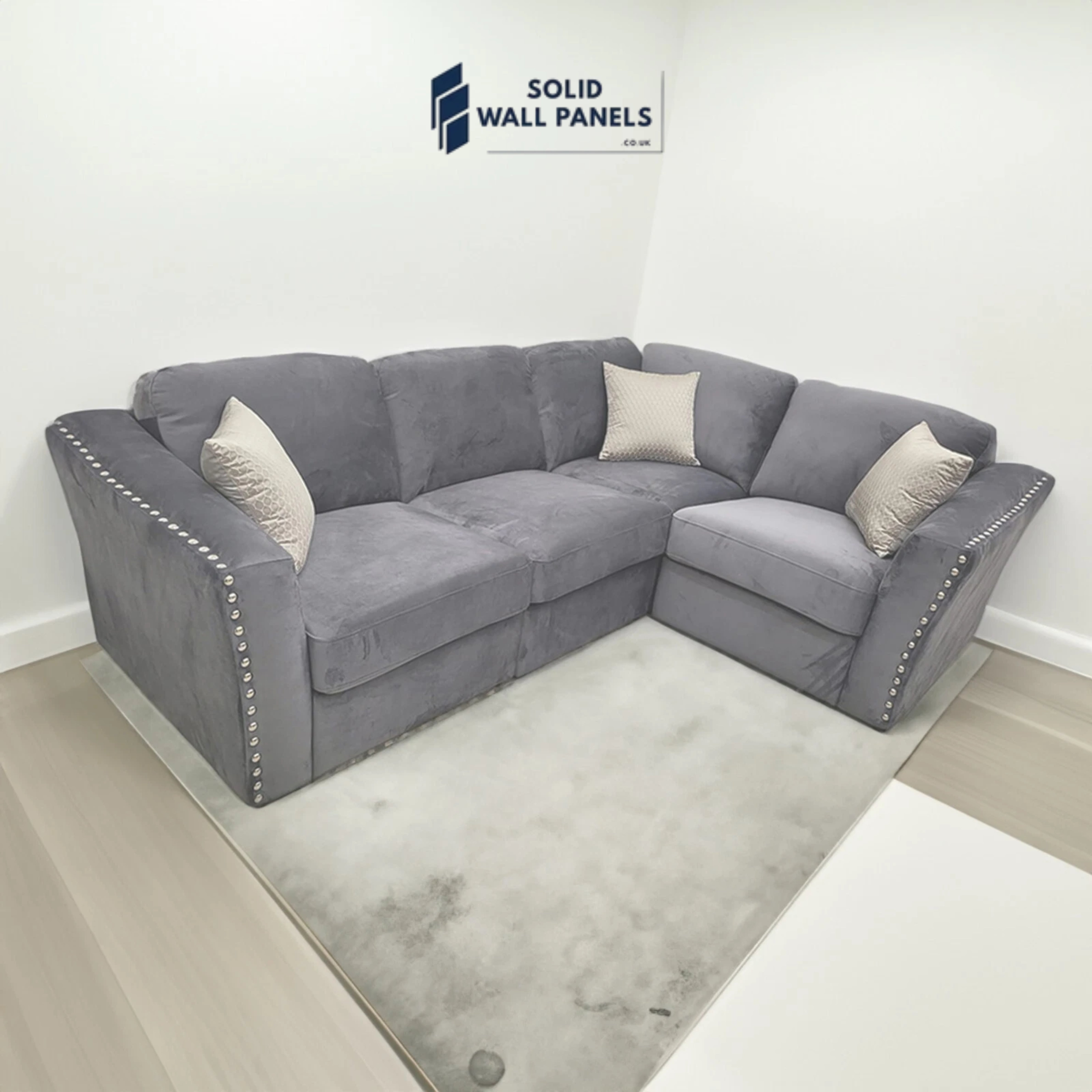 Lincoln Velvet 4 Seater Corner Sofa – Plush Silver | Chrome Stud Detail