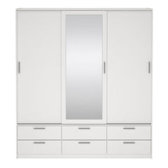 Front View of Line White Wardrobe with 3 Doors 6 Drawers