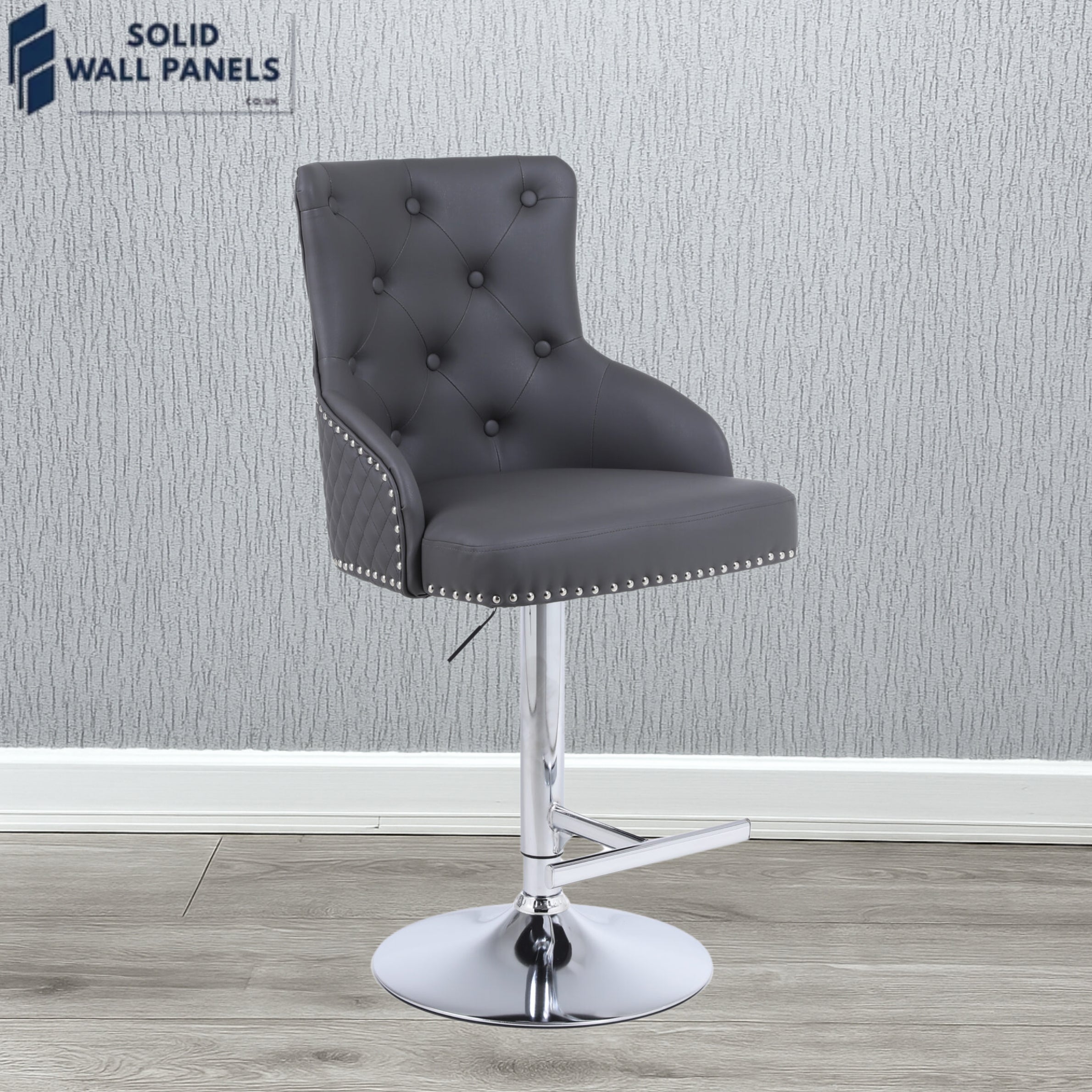 Majestic Hudson Grey PU Leather Breakfast Bar Stool with Chrome Lion Knocker | Set of 2