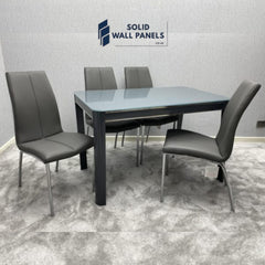 Morano Glass Dining Table Set 1.2m with Carlo Chairs – Black, Grey & White