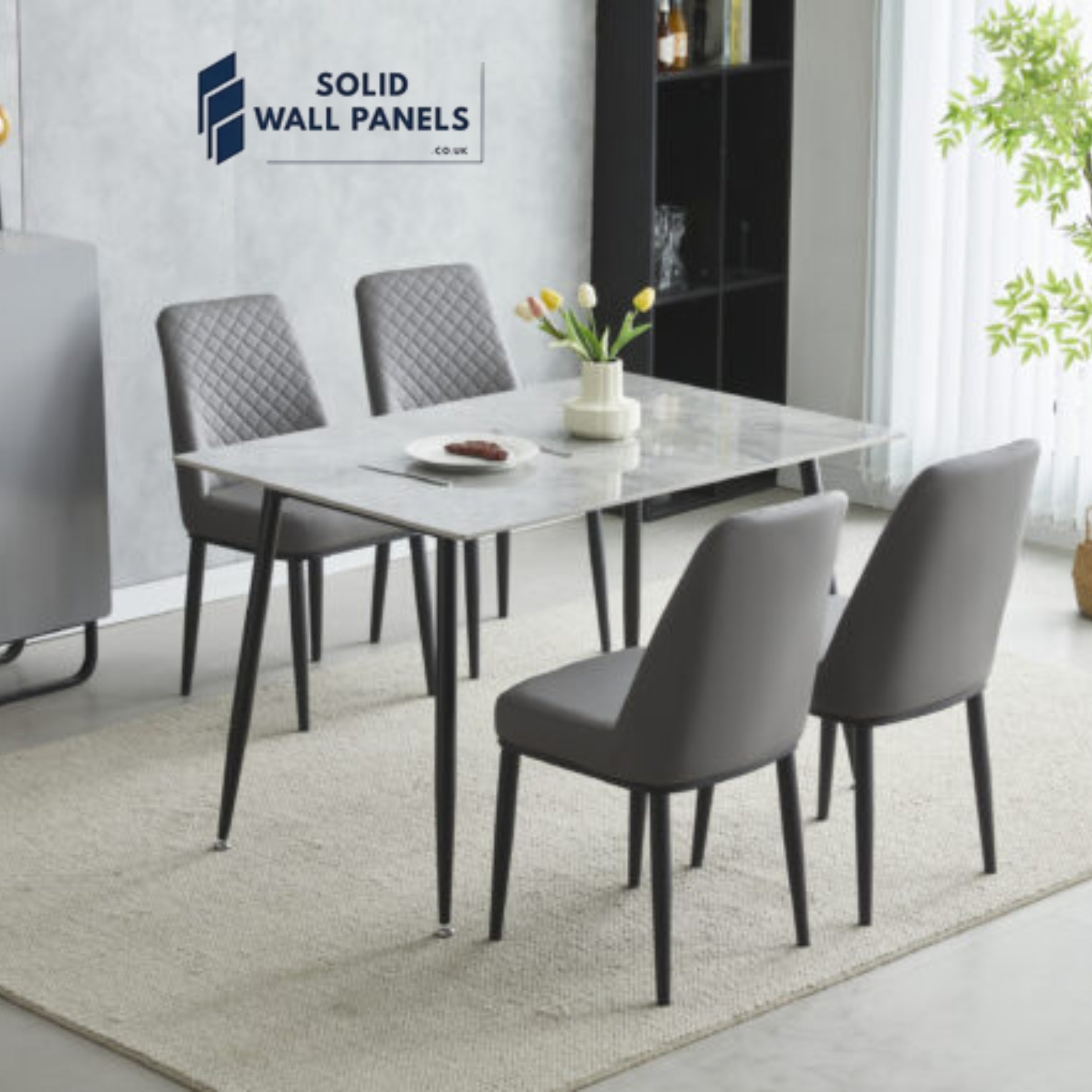 Oxford Ceramic Dining Table Set 1.2m – White, Grey & Black with 4 Chairs