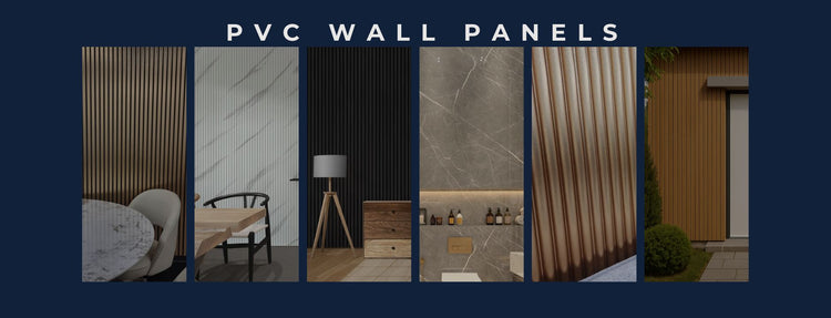 Collage of various interior settings with PVC wall panels on a dark blue background.