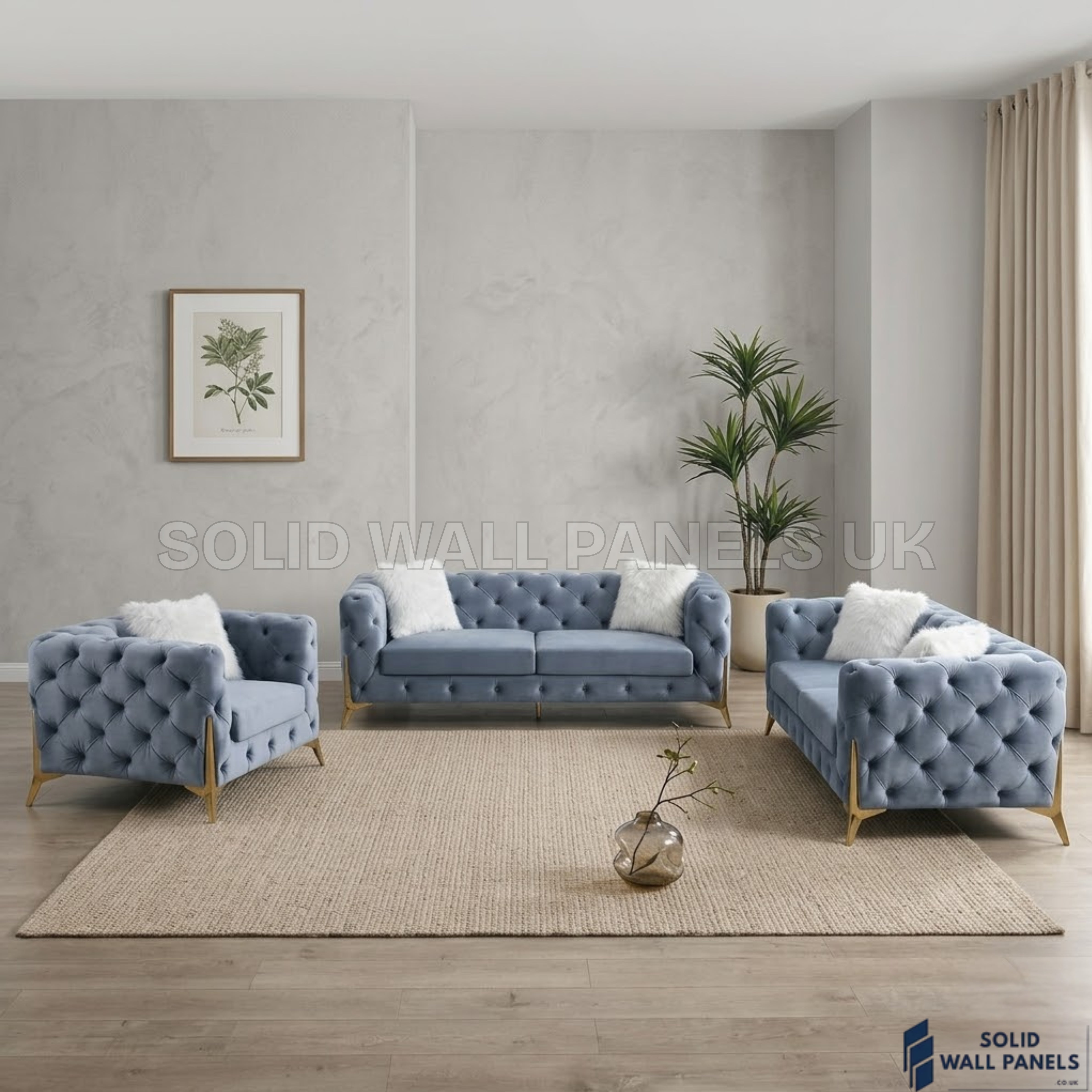 Paris Grey Shimmer Sofa Set – 3+2+1 Chesterfield Velvet | Modern Gold Leg Design