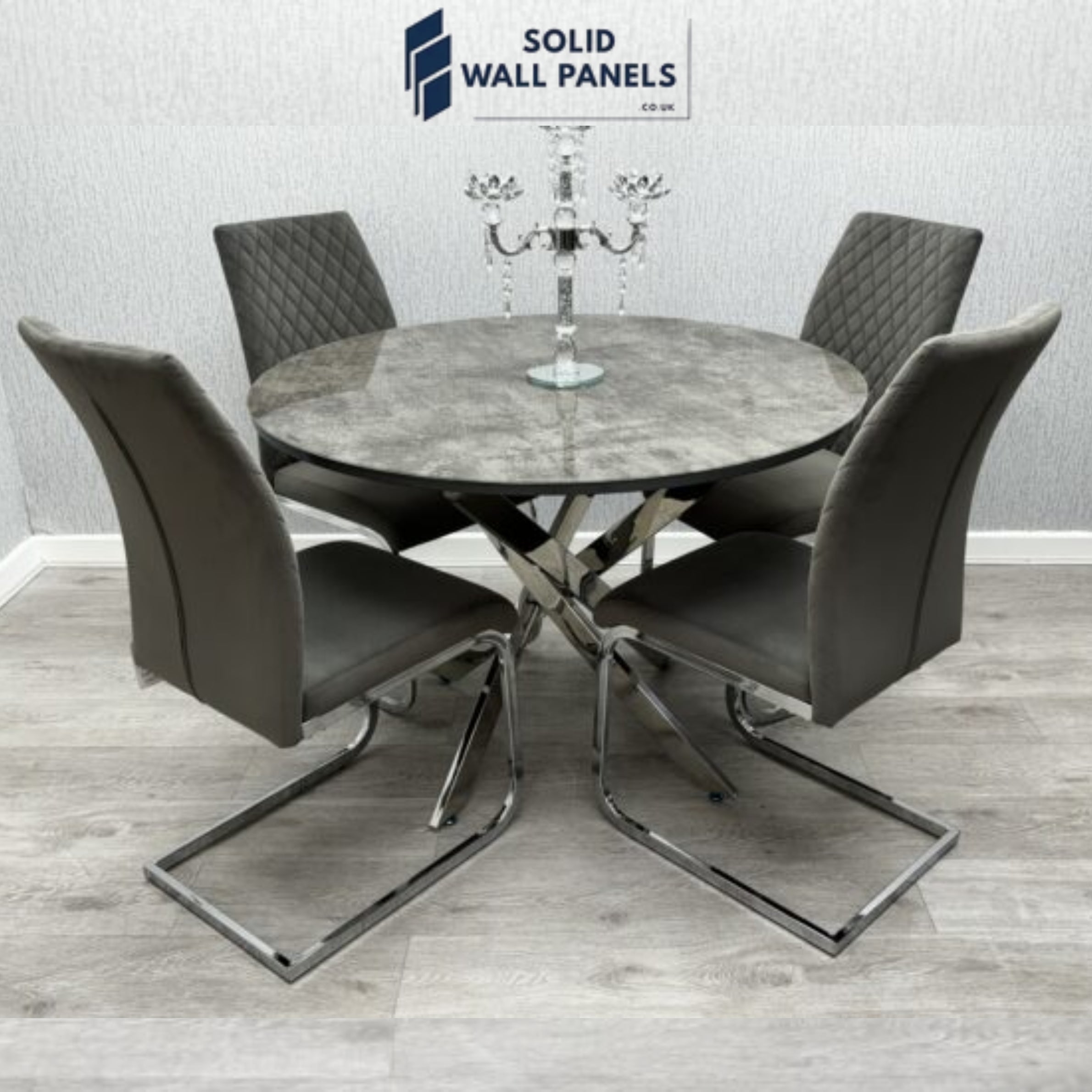Tokyo Round Dining Set – Grey Stone Glass Table & 4 Velvet Chairs