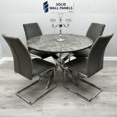 Tokyo Round Dining Set – Grey Stone Glass Table & 4 Velvet Chairs