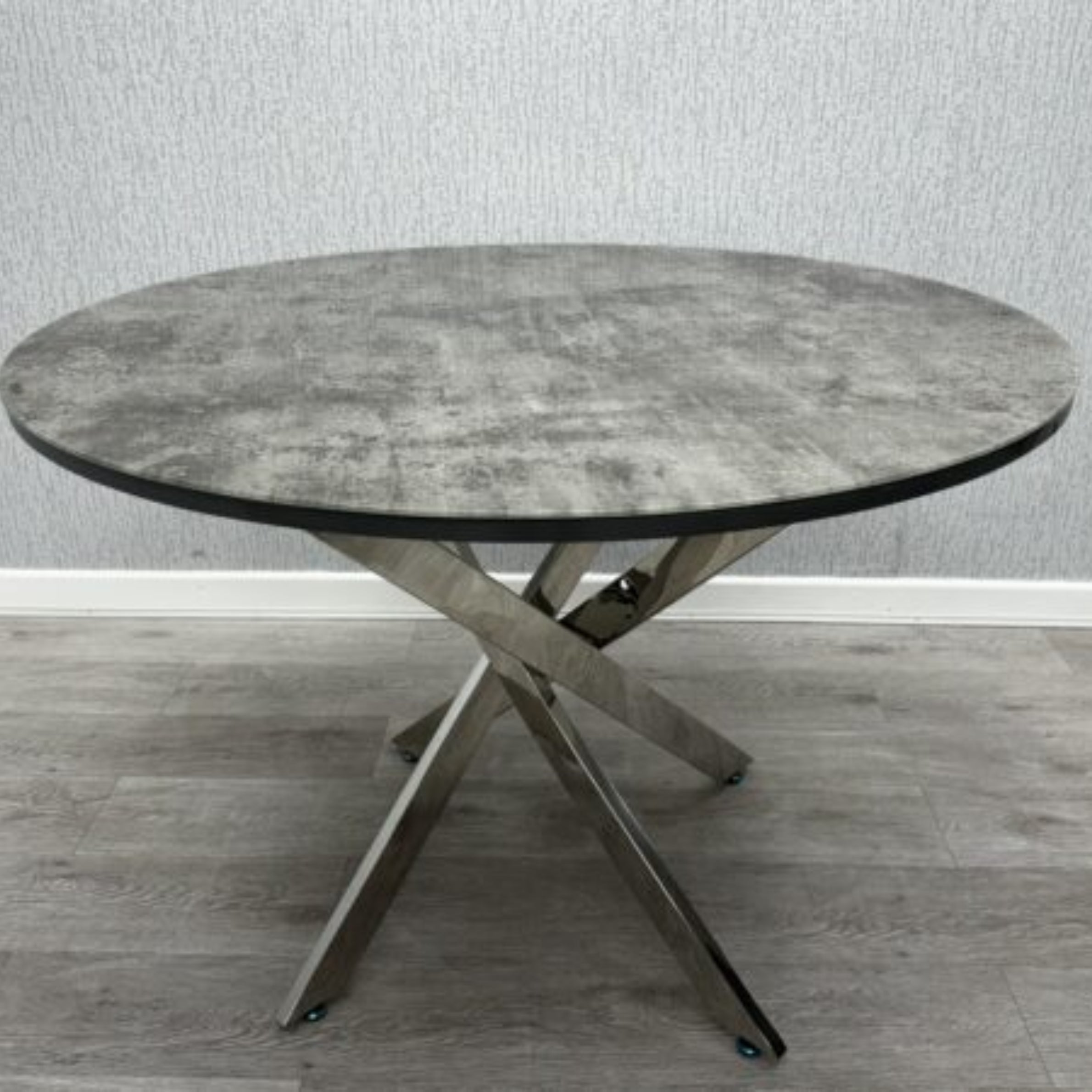 Tokyo Round Dining Table – Grey Stone Effect Glass with Chrome Base