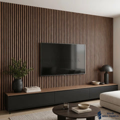 Walnut 3D fluted acoustic wall panel with rounded wooden slats and dark felt backing