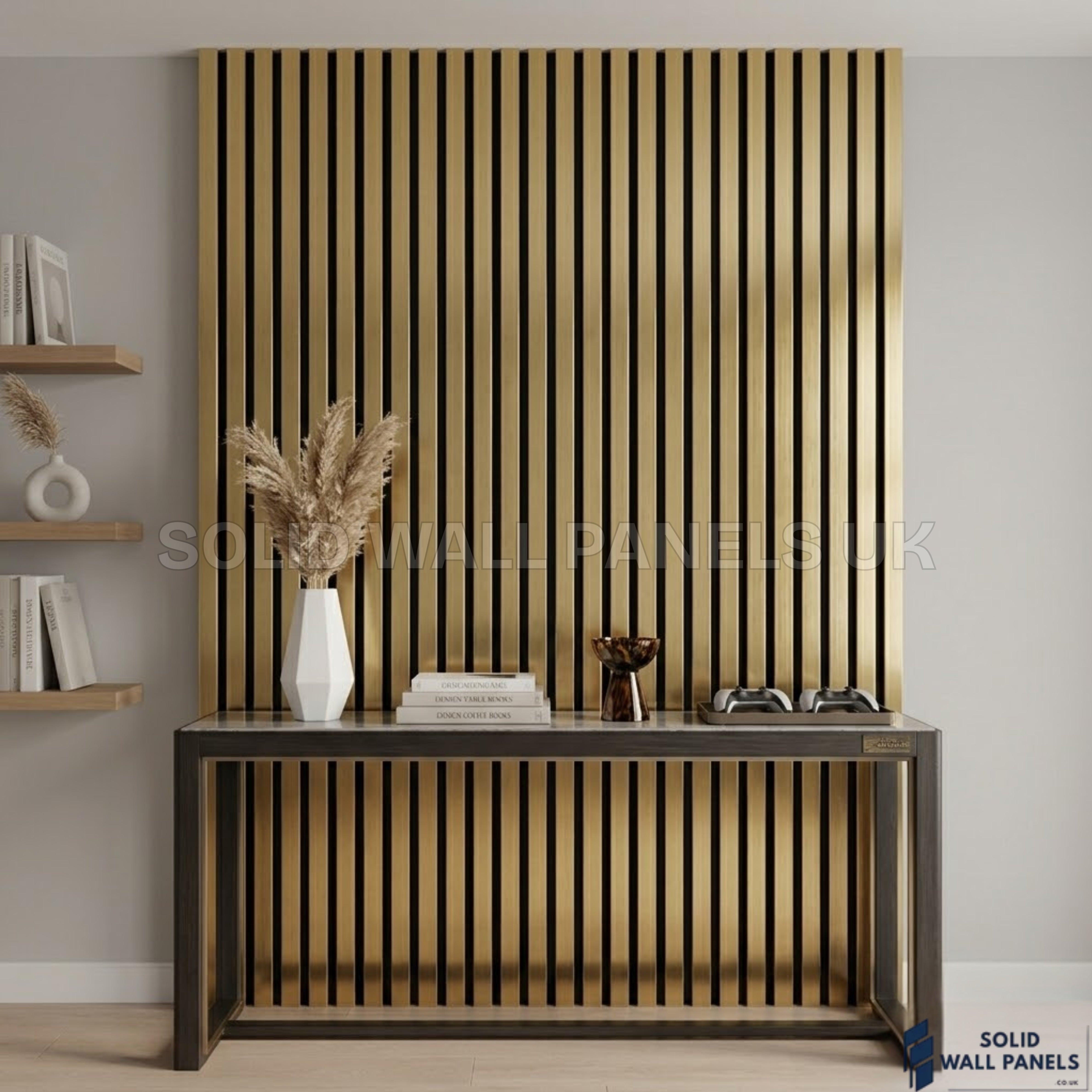 Wide Slat Acoustic Wall Panels Metallic Gold 240×30cm (Set of 2) | 40mm Slat | 3 Sided Wrap