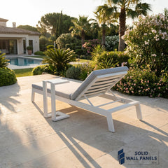Dasia Luxury Outdoor Sun Lounger – White Aluminium Reclining Sunbed with Side Table