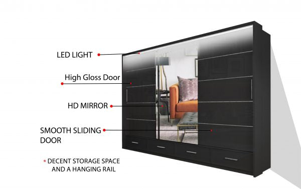 SYCYLIA 255cm Sliding Wardrobe with Mirror Door – Fast UK Delivery