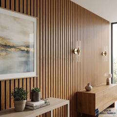 Acoustic Slatted Wall Panels Teak Oak 240×60cm UK | Wooden Slatted Felt Back