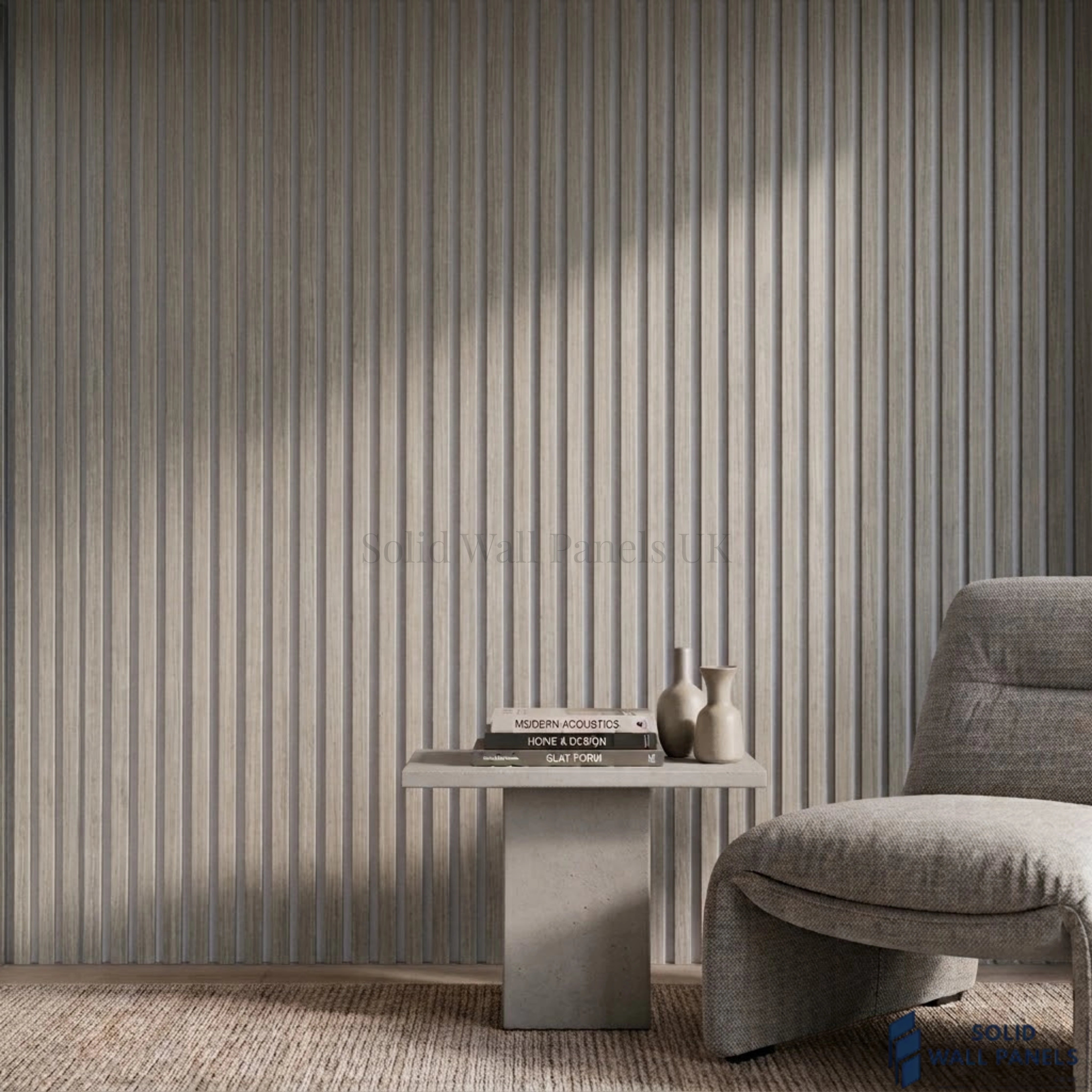 3 Sided Concrete Effect Acoustic Slat Wall Panel – Grey Felt | 240 × 60 cm