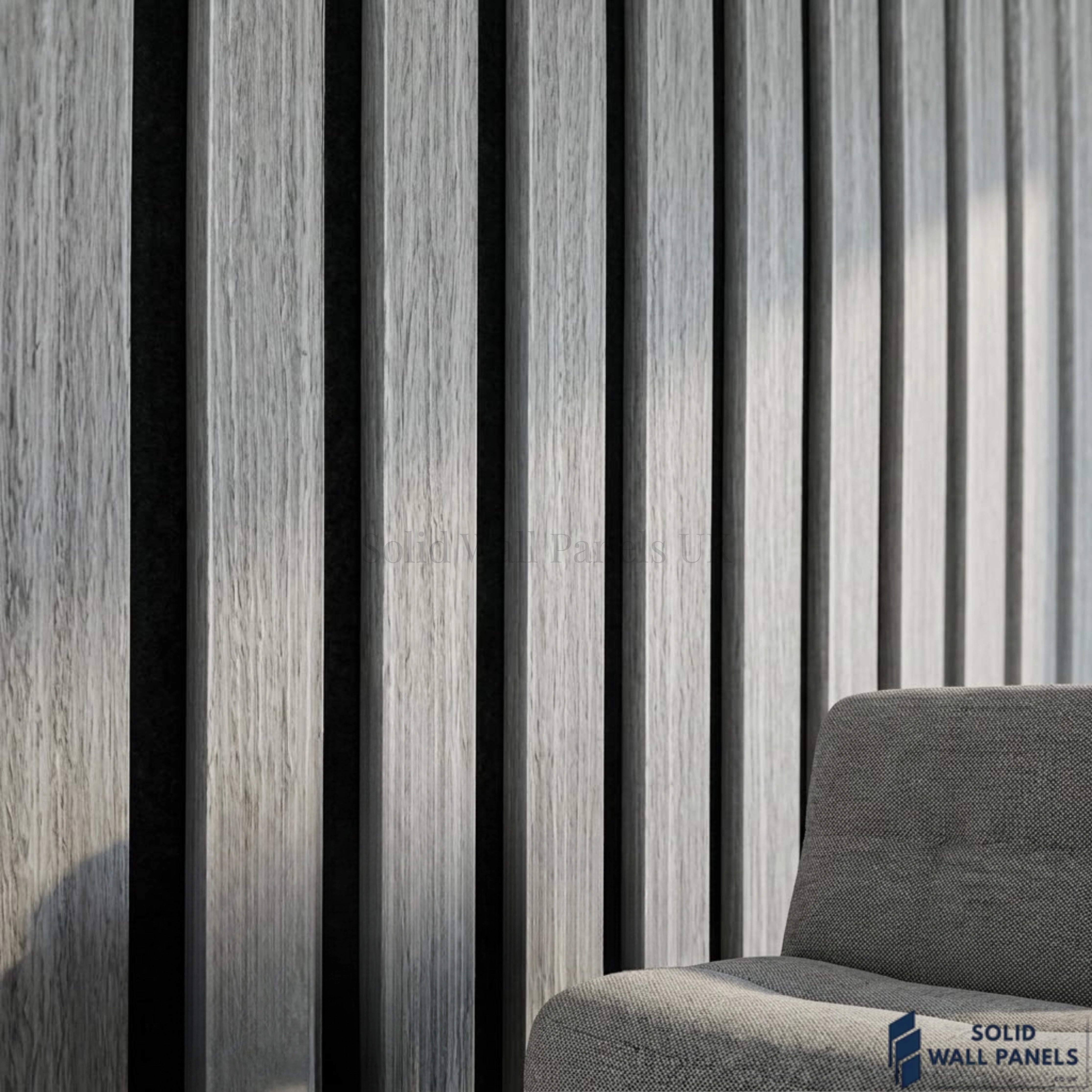 3 Sided Grey Oak Acoustic Slat Wall Panel – Black Felt | 240 × 60 cm