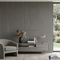 3 Sided Grey Oak Acoustic Slat Wall Panel – Black Felt | 240 × 60 cm