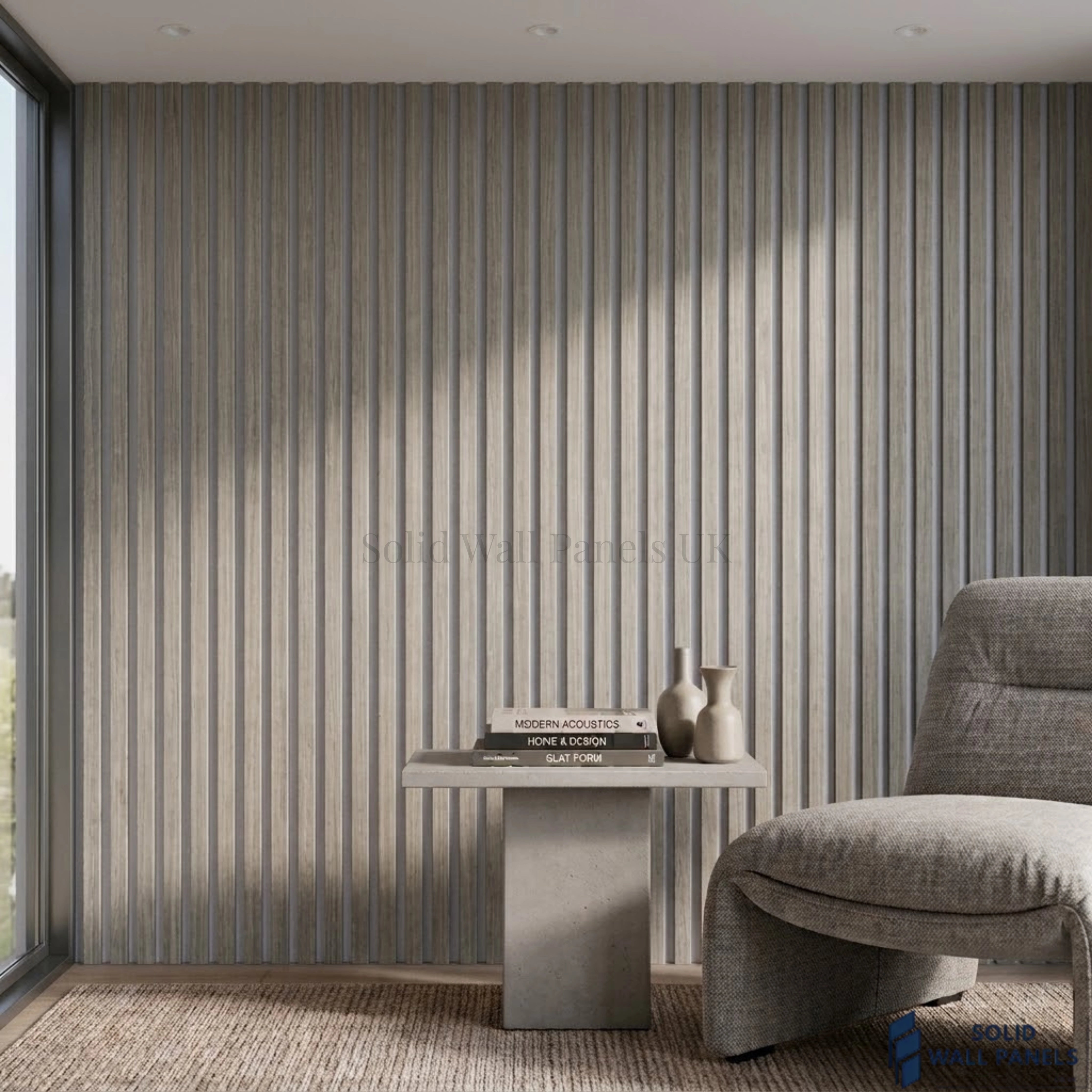 3 Sided Grey Oak Acoustic Slat Wall Panel – Grey Felt | 240 × 60 cm