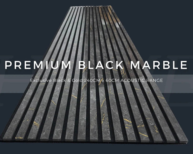 Acoustic Slatted Wall Panel – Black & Gold Marble | Stylish, Durable & Soundproof