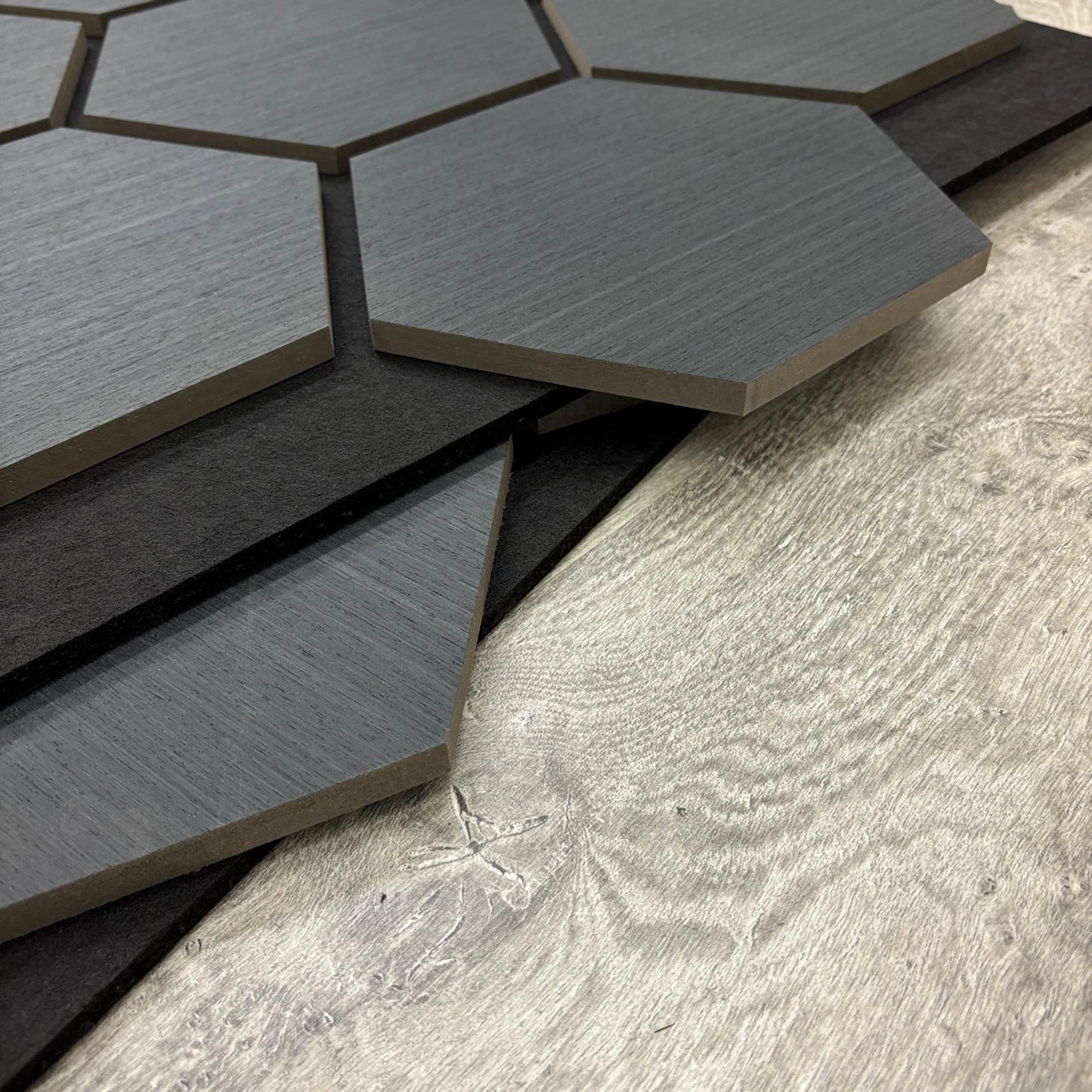 Acoustic Hexagon Wall Panels - Charcoal Black (Set of 4) | Soundproof Wood Panels | Fast UK Delivery