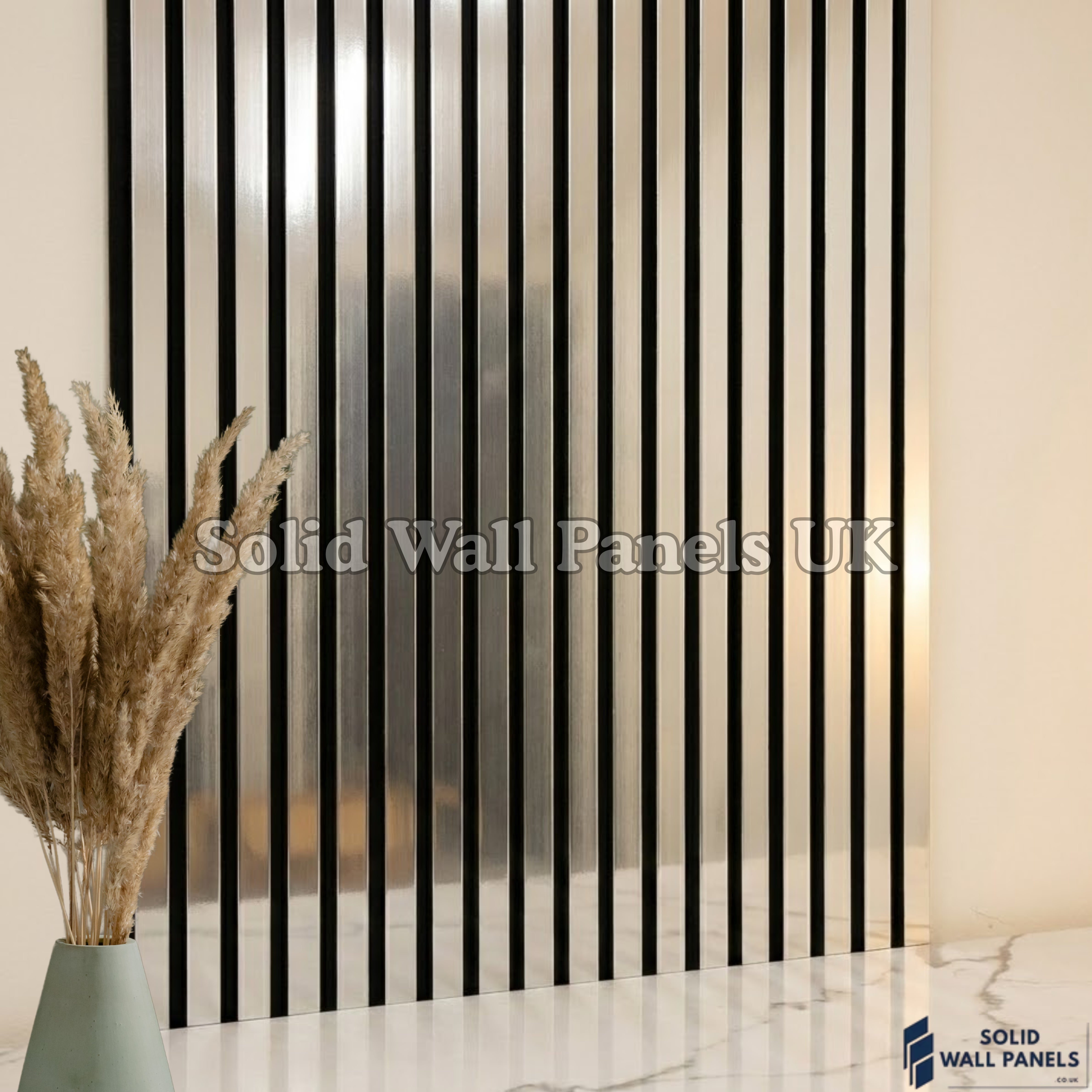Acoustic Slatted Wall Panel – Chrome Metallic 60×240cm | Stylish, Durable & Soundproof | Solid Wall Panels UK