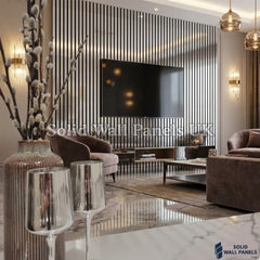 Acoustic Slatted Wall Panel – Chrome Metallic 60×240cm | Stylish, Durable & Soundproof | Solid Wall Panels UK