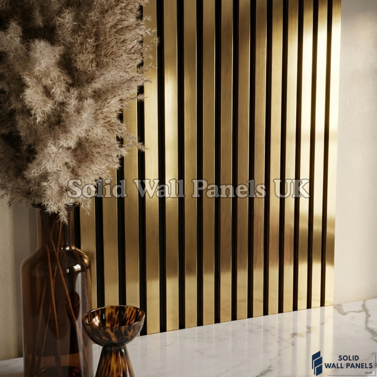 Acoustic Slatted Wall Panel – Metallic Gold 60x240 cm | Stylish, Durable & Soundproof | Solid Wall Panels UK