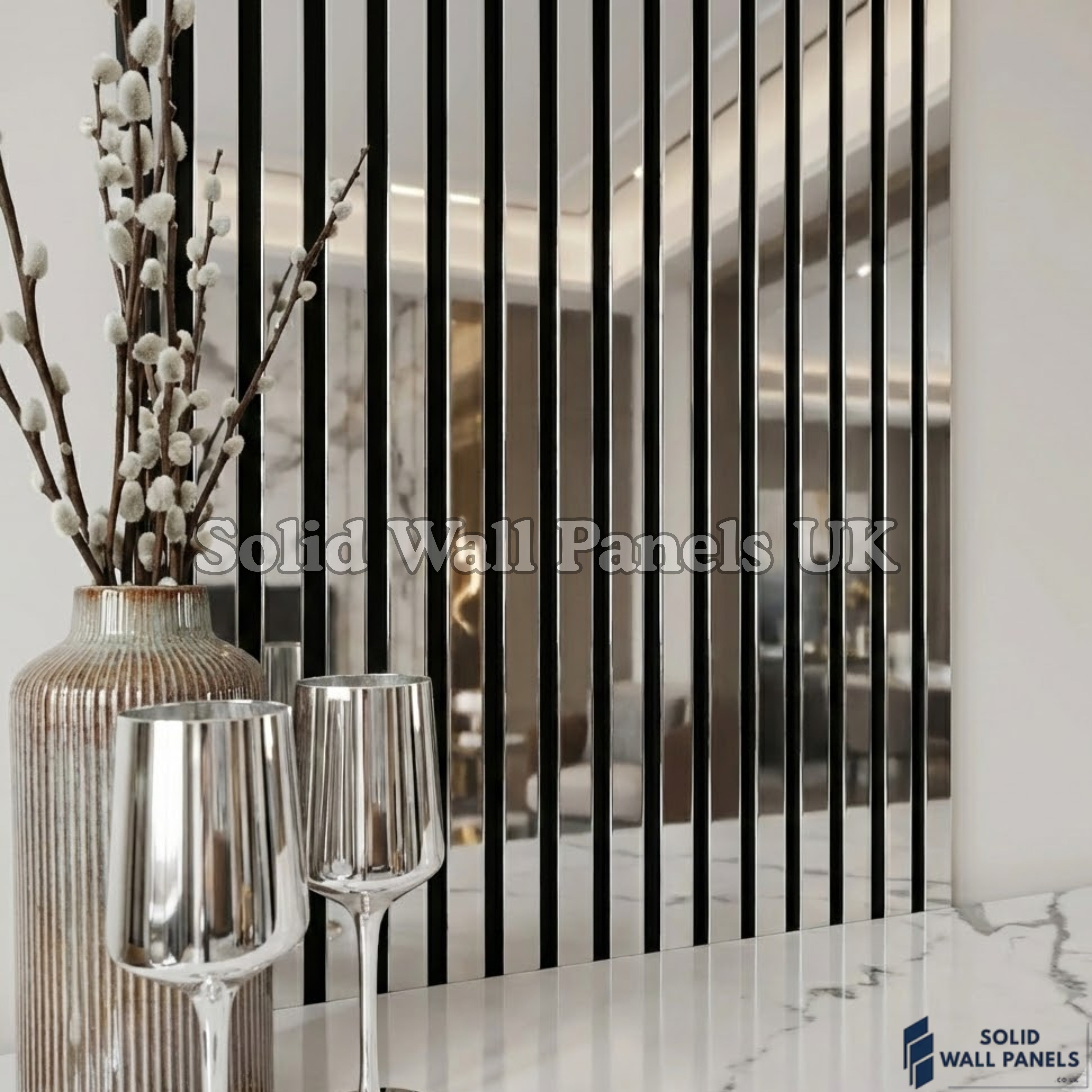 Acoustic Slatted Wall Panel – Shiny Silver Mirror Reflect 60×240cm | Solid Wall Panels UK