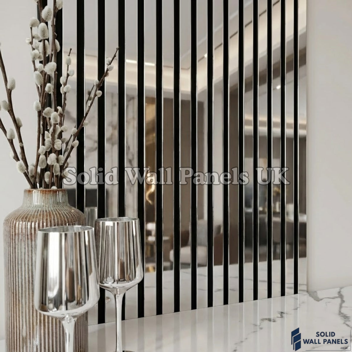 Acoustic Slatted Wall Panel – Shiny Silver Mirror Reflect 60×240cm | Solid Wall Panels UK
