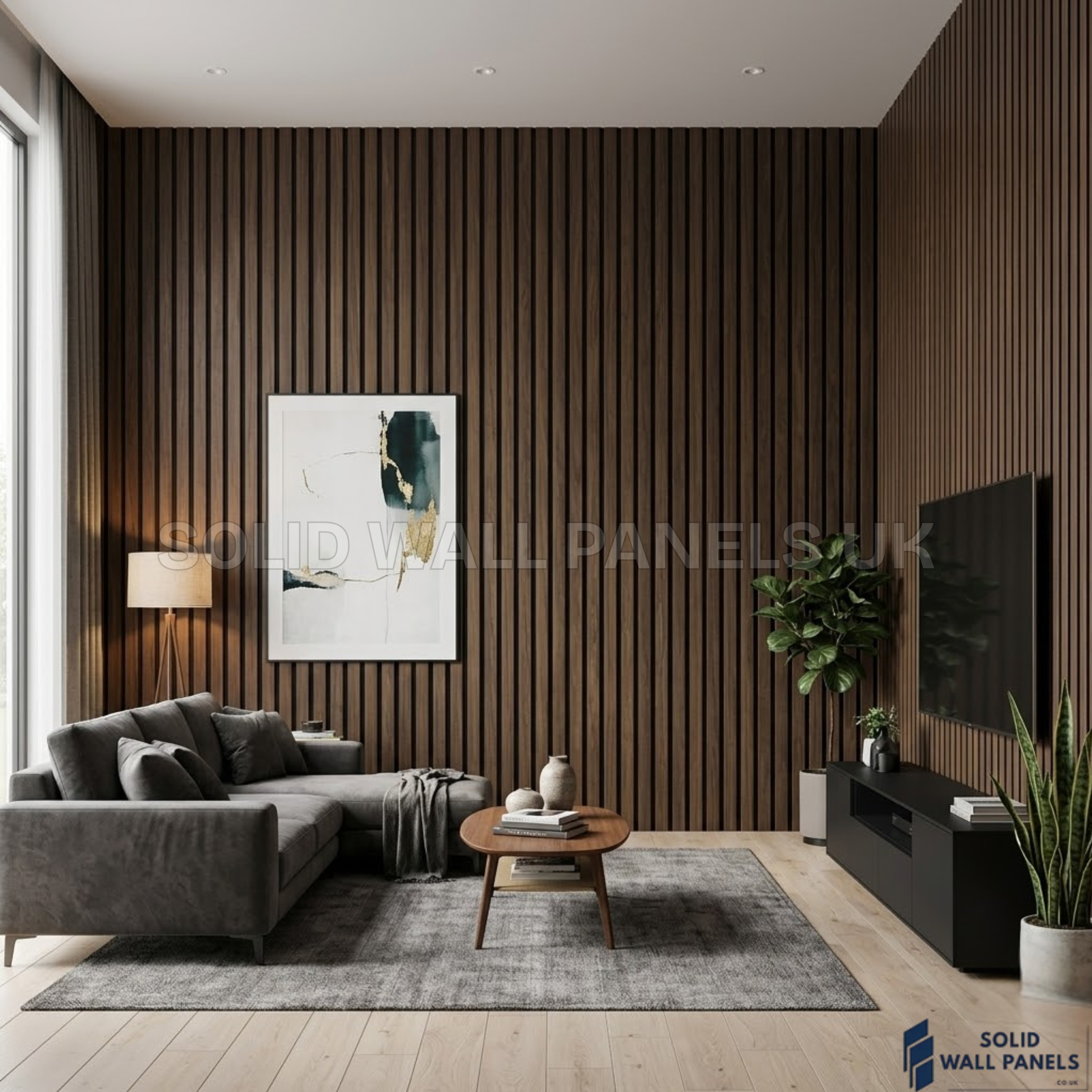 Acoustic Slatted Wall Panels Walnut (Dark Oak) 280×60cm UK | Large Wood Wall Panels