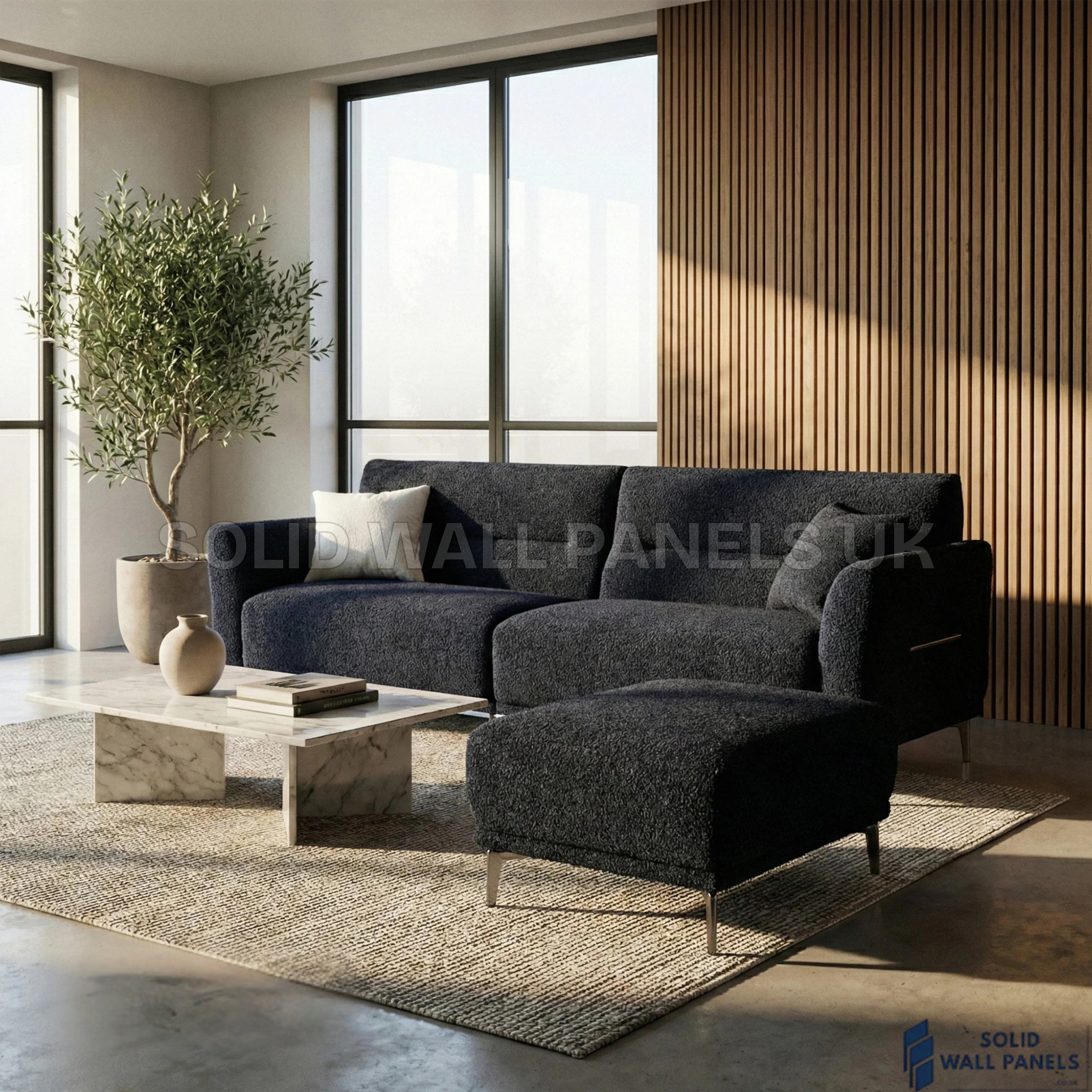 Albany Complete Sofa Set – 4+3+2 Seater with Footstool | Black Lux Bouclé Fabric