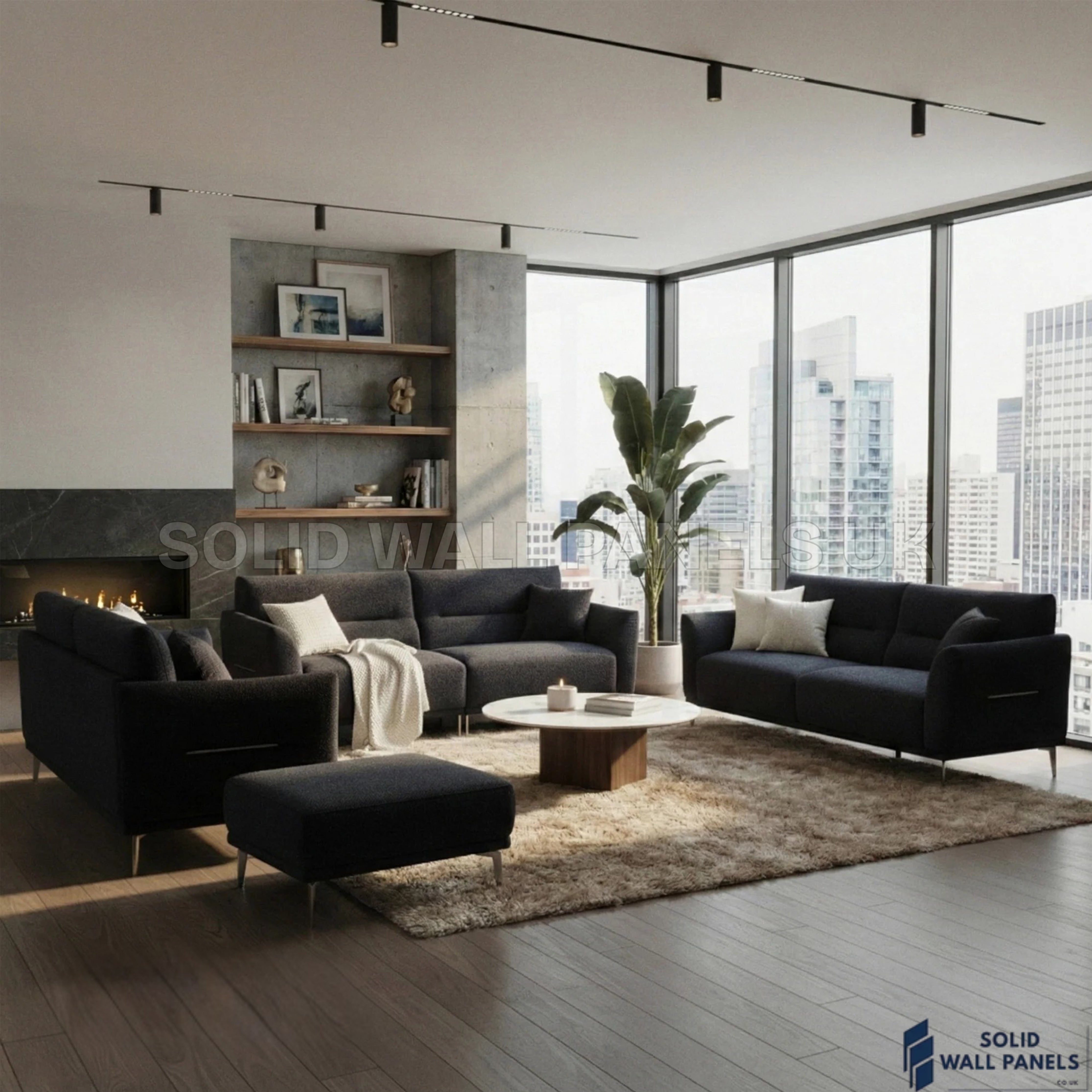 Albany Complete Sofa Set – 4+3+2 Seater with Footstool | Black Lux Bouclé Fabric