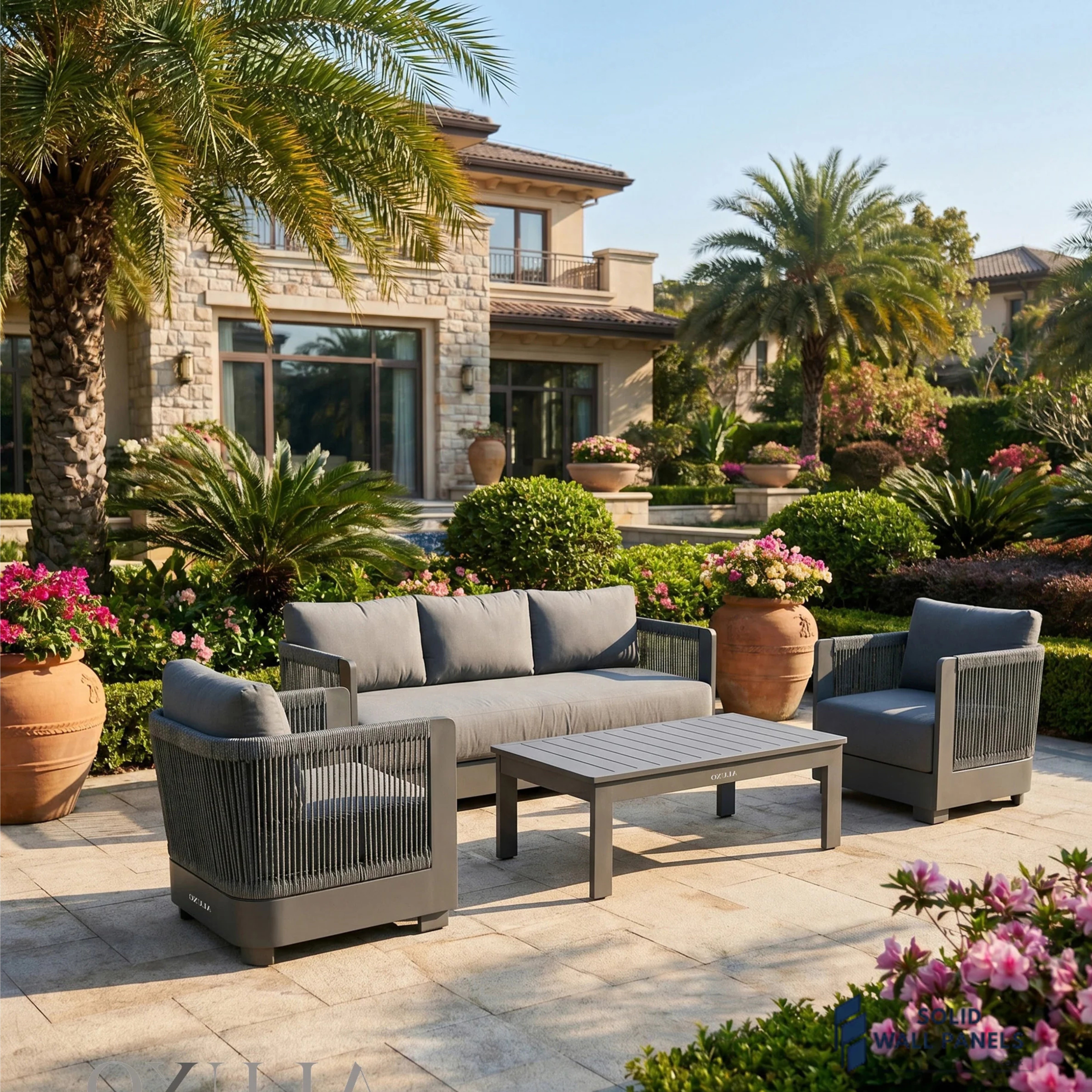 Ares 5-Seater Luxury Lounge Set – Onyx Aluminium Garden Sofa Set with Pebble Grey Cushions