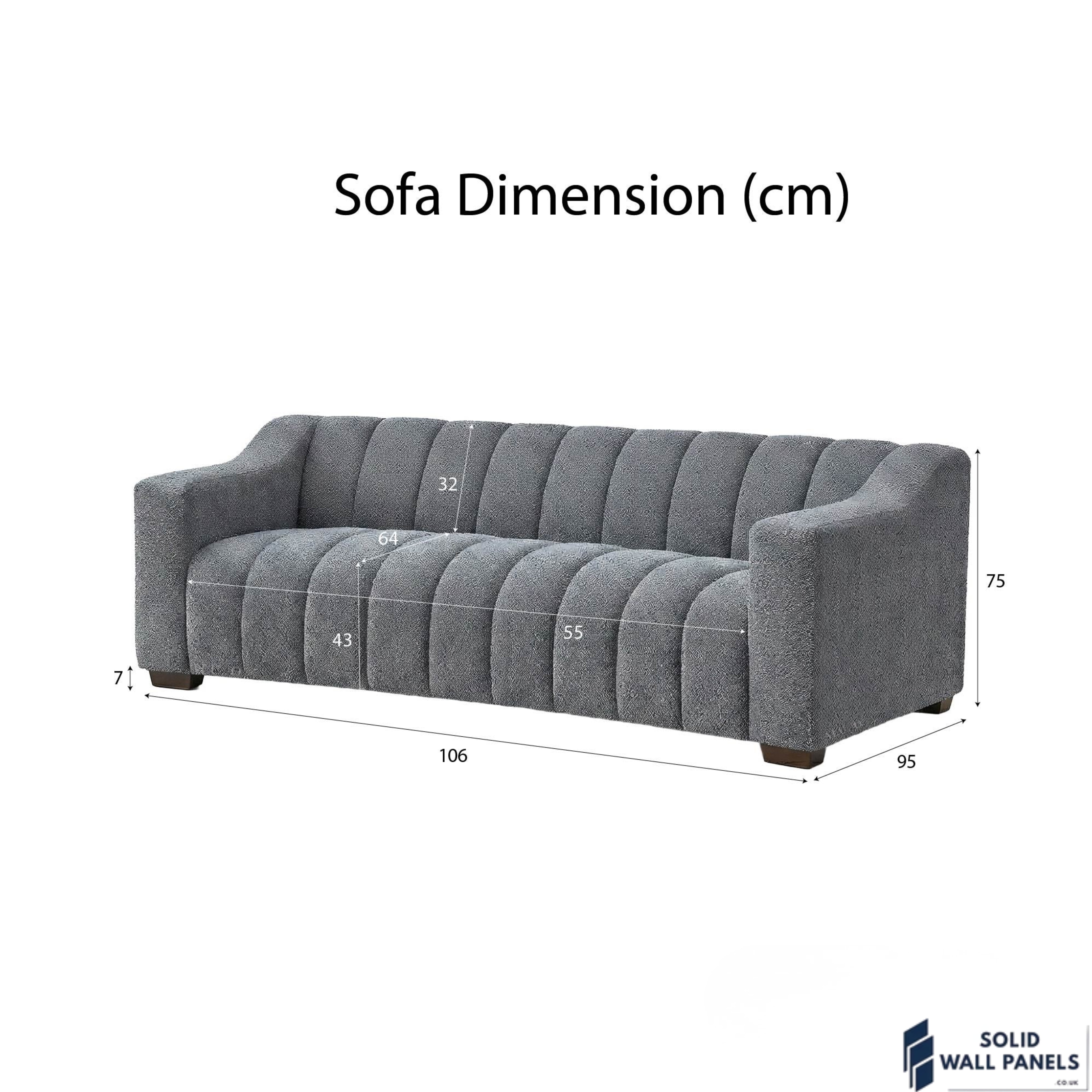 Astoria 3 Seater Sofa – Iron Bouclé Fabric | Deep Channel Stitched Design