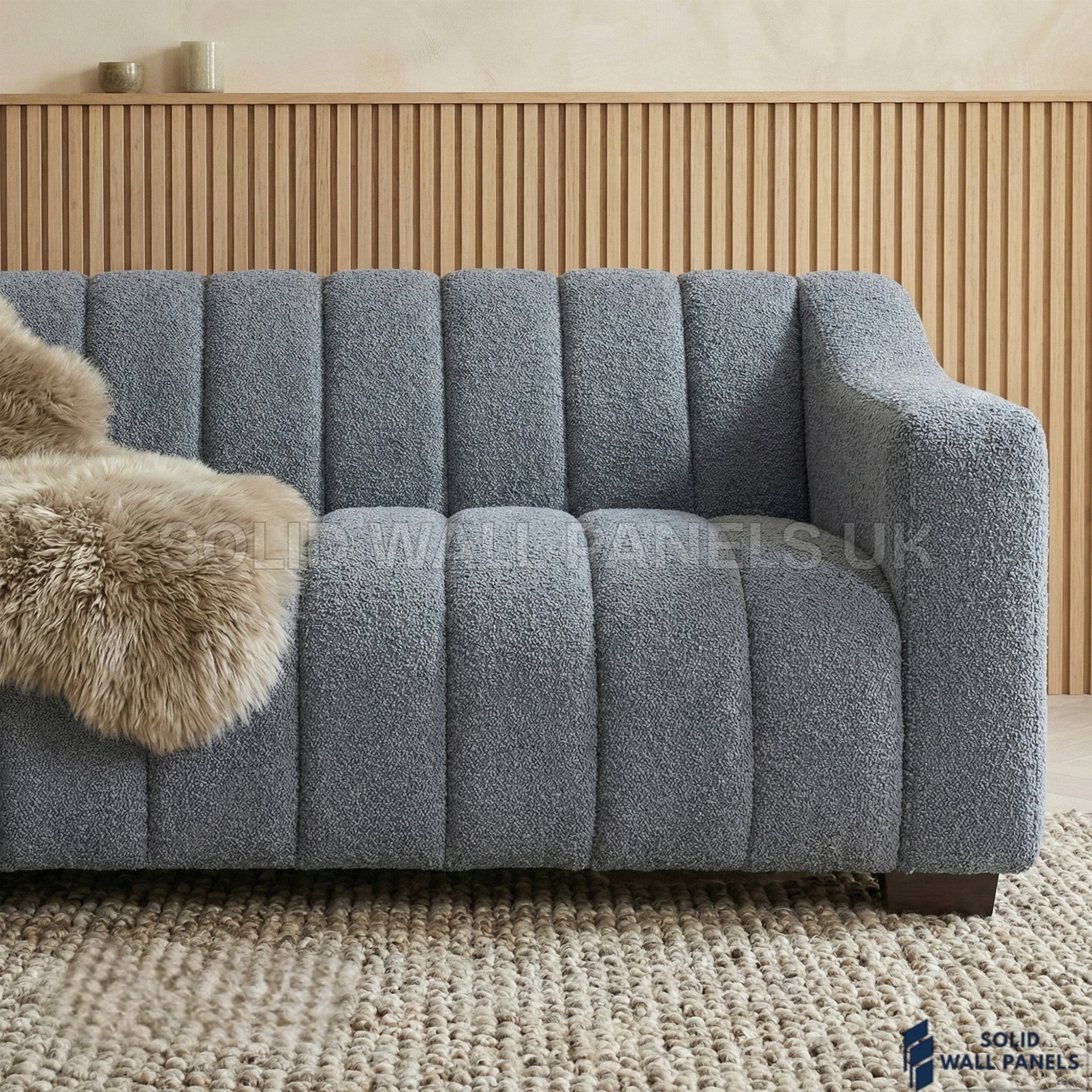 Astoria 3 Seater Sofa – Iron Bouclé Fabric | Deep Channel Stitched Design